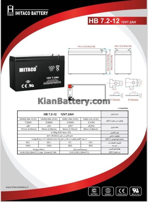 مشخصات باتری 7.2 آمپر ساعت یو پی اس هیتاکو