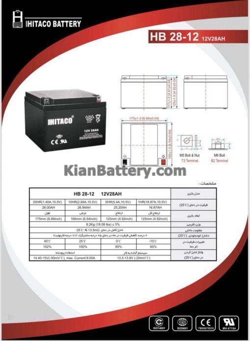 مشخصات باتری 28 آمپر ساعت یو پی اس هیتاکو