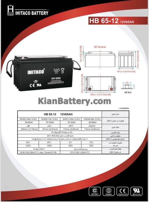 مشخصات باتری 65 آمپر ساعت یو پی اس هیتاکو