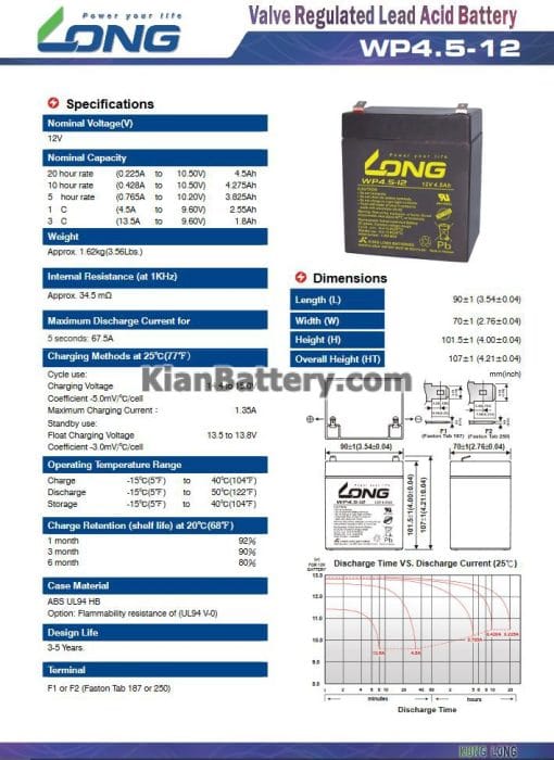 مشخصات باتری 4.5 آمپر ساعت یو پی اس لانگ