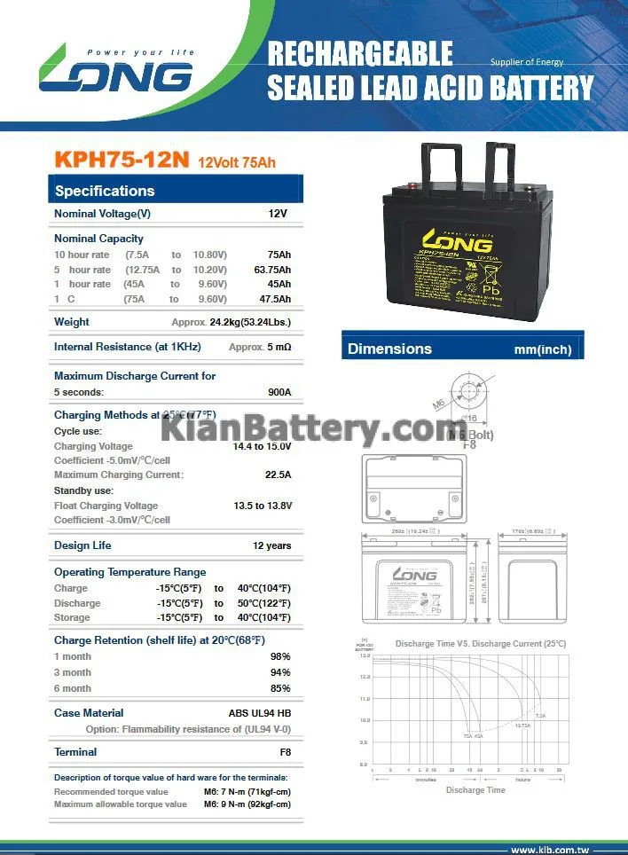 باتری 75 آمپر ساعت یو پی اس لانگ 2 مشخصات باتری 75 آمپر ساعت یو پی اس لانگ