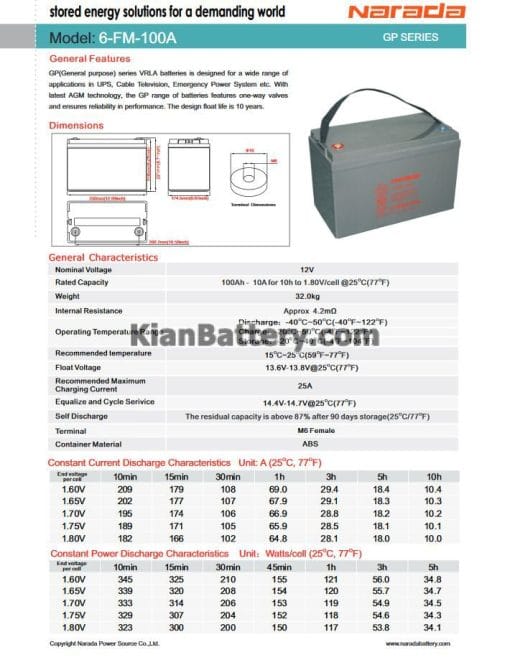 مشخصات باتری 100 آمپر ساعت یو پی اس نارادا