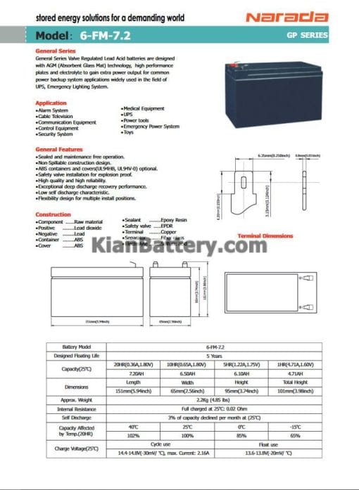 مشخصات باتری 7.2 آمپر ساعت یو پی اس نارادا