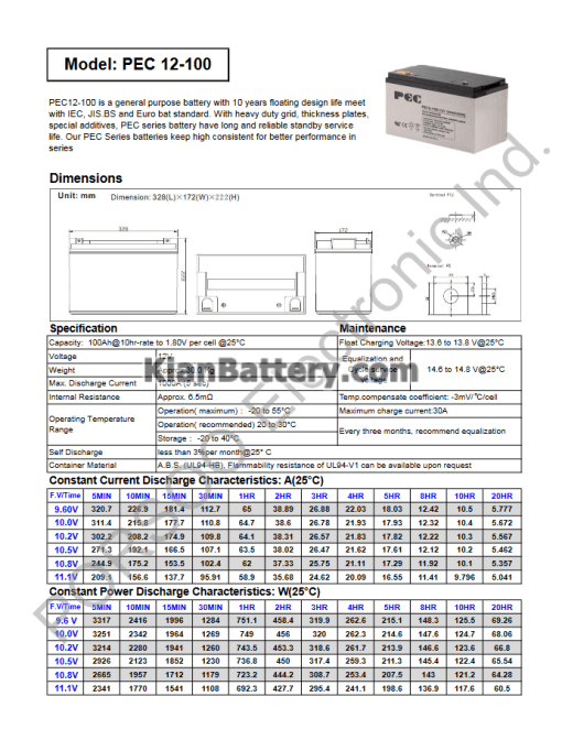 مشخصات باتری 100 آمپر ساعت یو پی اس پرسو