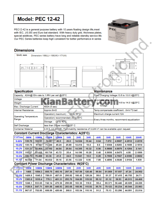 مشخصات باتری 42 آمپر ساعت یو پی اس پرسو