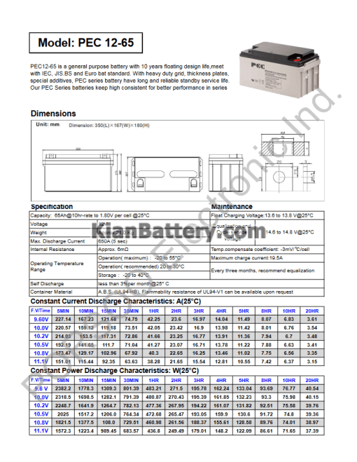 مشخصات باتری 65 آمپر ساعت یو پی اس پرسو