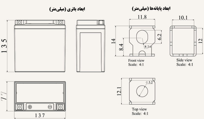 در تصویر بالا ابعاد باتری موتورسیکلت 9 آمپرساعت هندل پایه بلند را مشاهده می‌کنید.