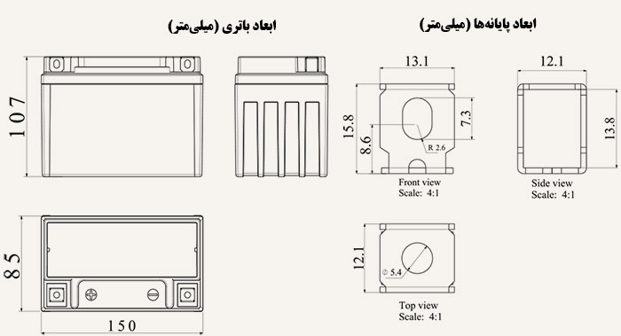 تصویر بالا ابعاد باتری موتورسیکلت 9 آمپرساعت هندل پایه کوتاه را نشان می‌دهد.